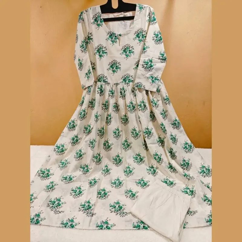 Cream Printed Anarkali kurta set