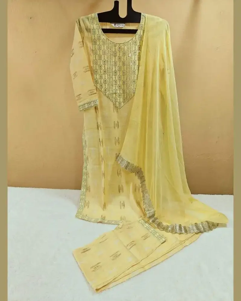 Yellow cotton kurta set with dupatta