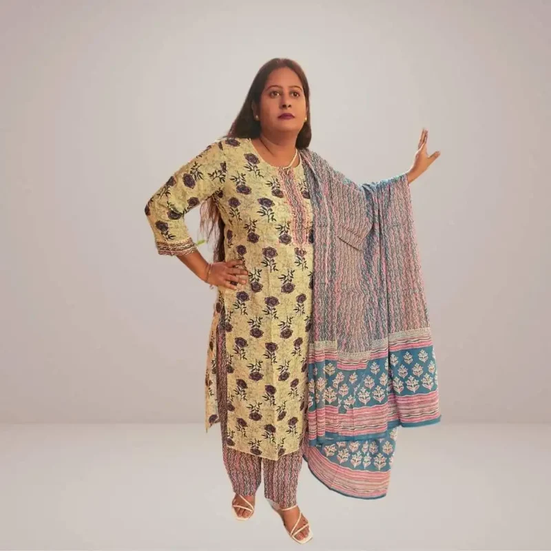 Printed cotton kurta set with cotton dupatta - Image 12