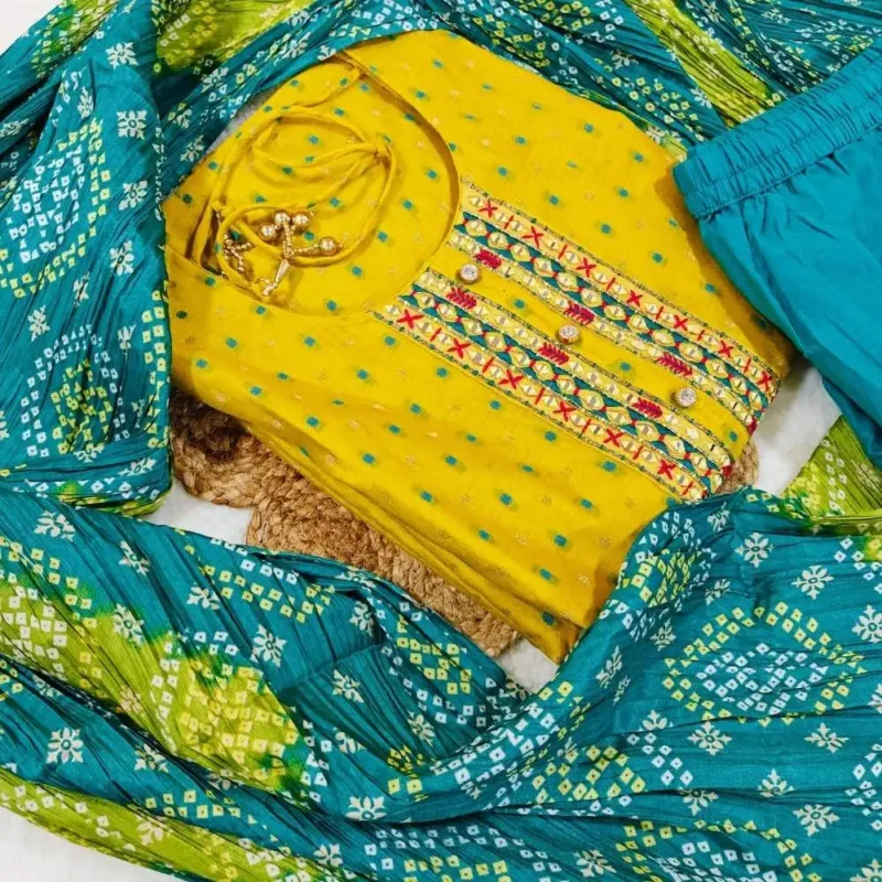 Cotton silk embroidered kurta set with bandhani dupatta - Image 11