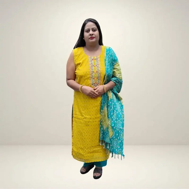 Cotton silk embroidered kurta set with bandhani dupatta - Image 9
