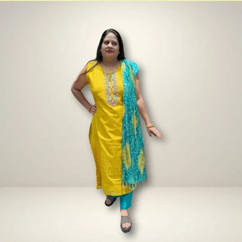 Cotton silk embroidered kurta set with bandhani dupatta - Image 8