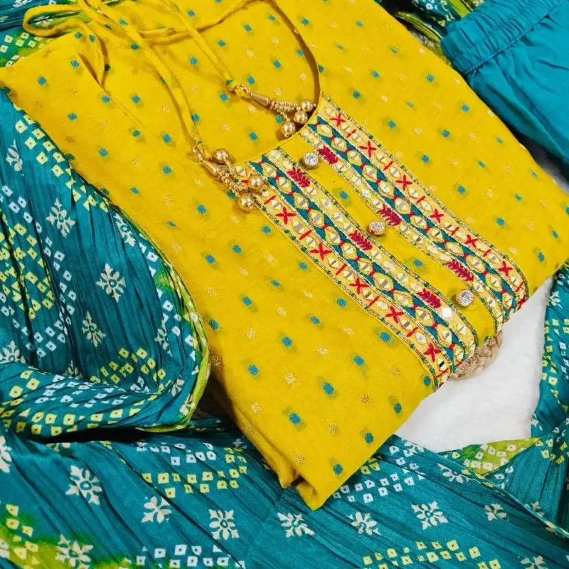 Cotton silk embroidered kurta set with bandhani dupatta - Image 10