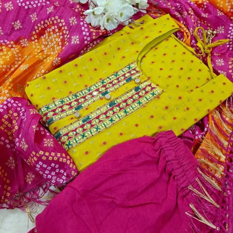 Cotton silk embroidered kurta set with bandhani dupatta - Image 11