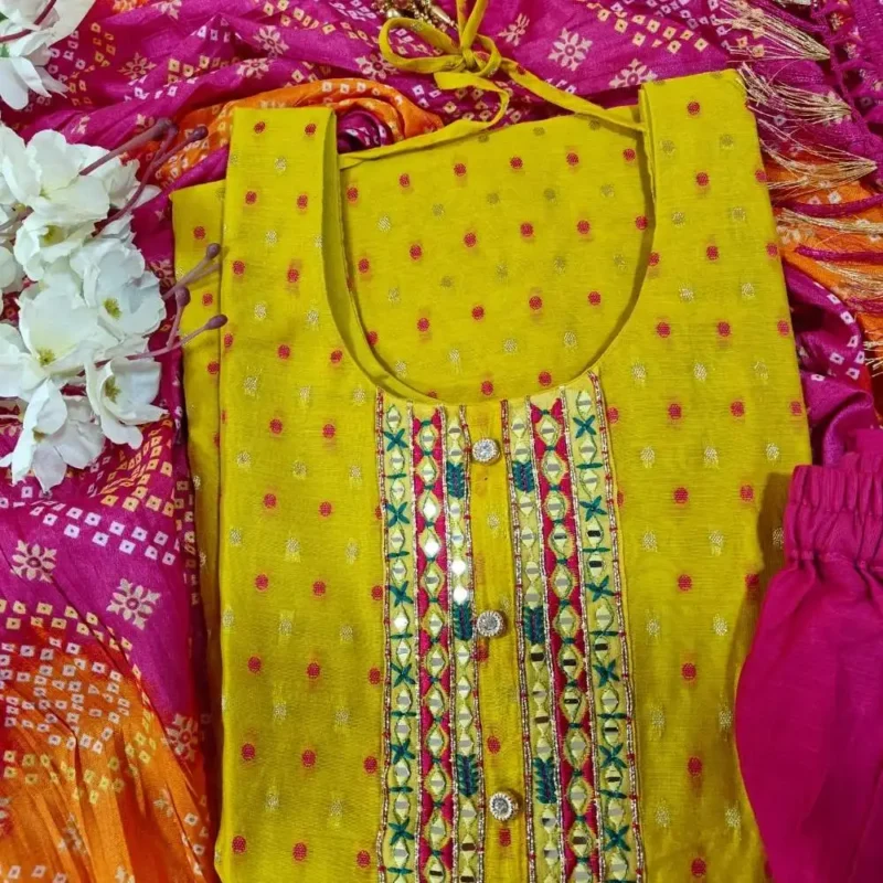 Cotton silk embroidered kurta set with bandhani dupatta - Image 9