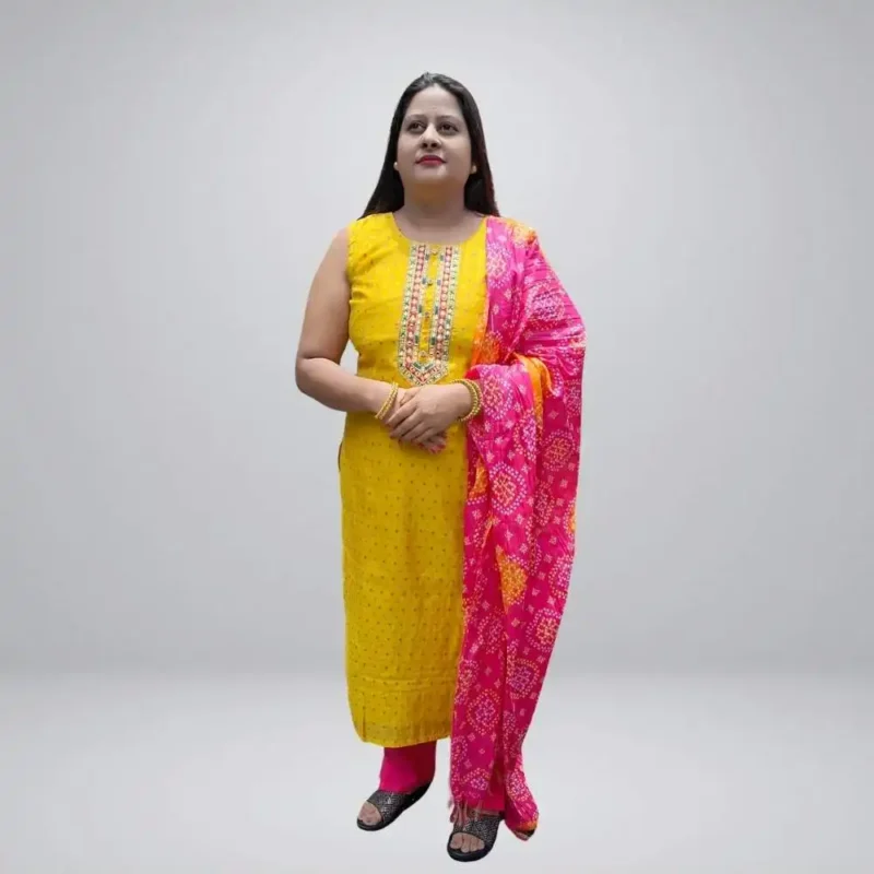 Cotton silk embroidered kurta set with bandhani dupatta - Image 7