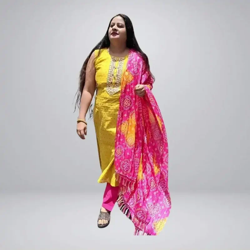Cotton silk embroidered kurta set with bandhani dupatta - Image 6