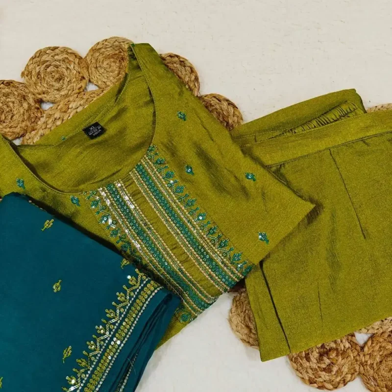 Green embroidered festive suit with embroidered dupatta - Image 7
