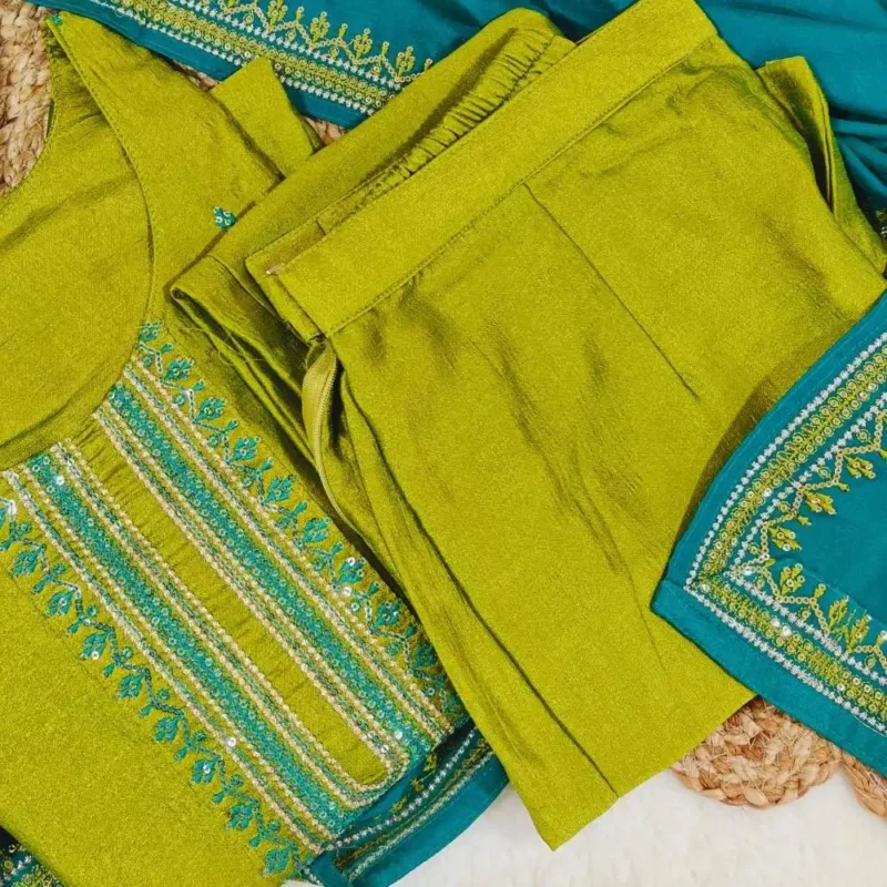 Green embroidered festive suit with embroidered dupatta - Image 8