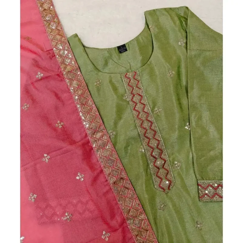 Green embroidered festive suit with embroidered dupatta - Image 7