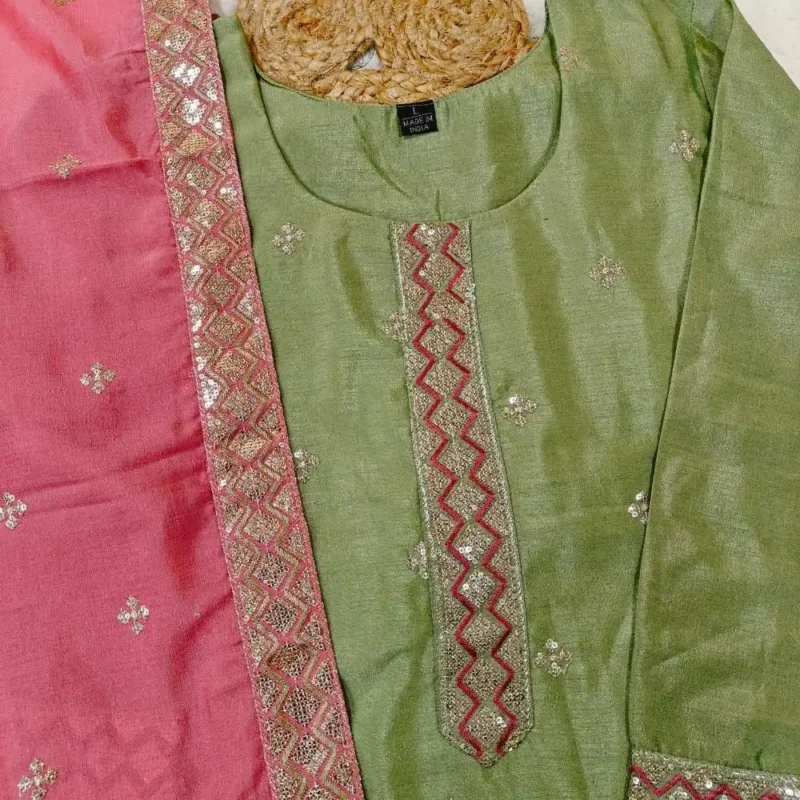 Green embroidered festive suit with embroidered dupatta - Image 6