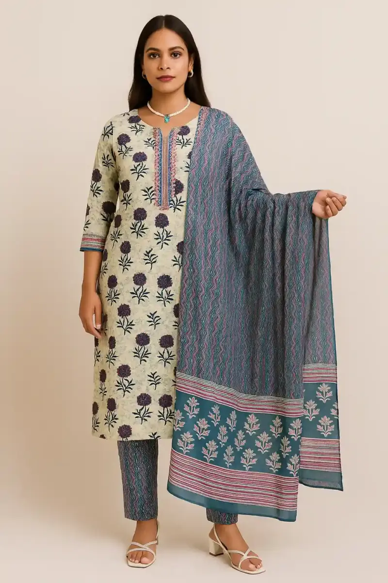 Printed cotton kurta set with cotton dupatta