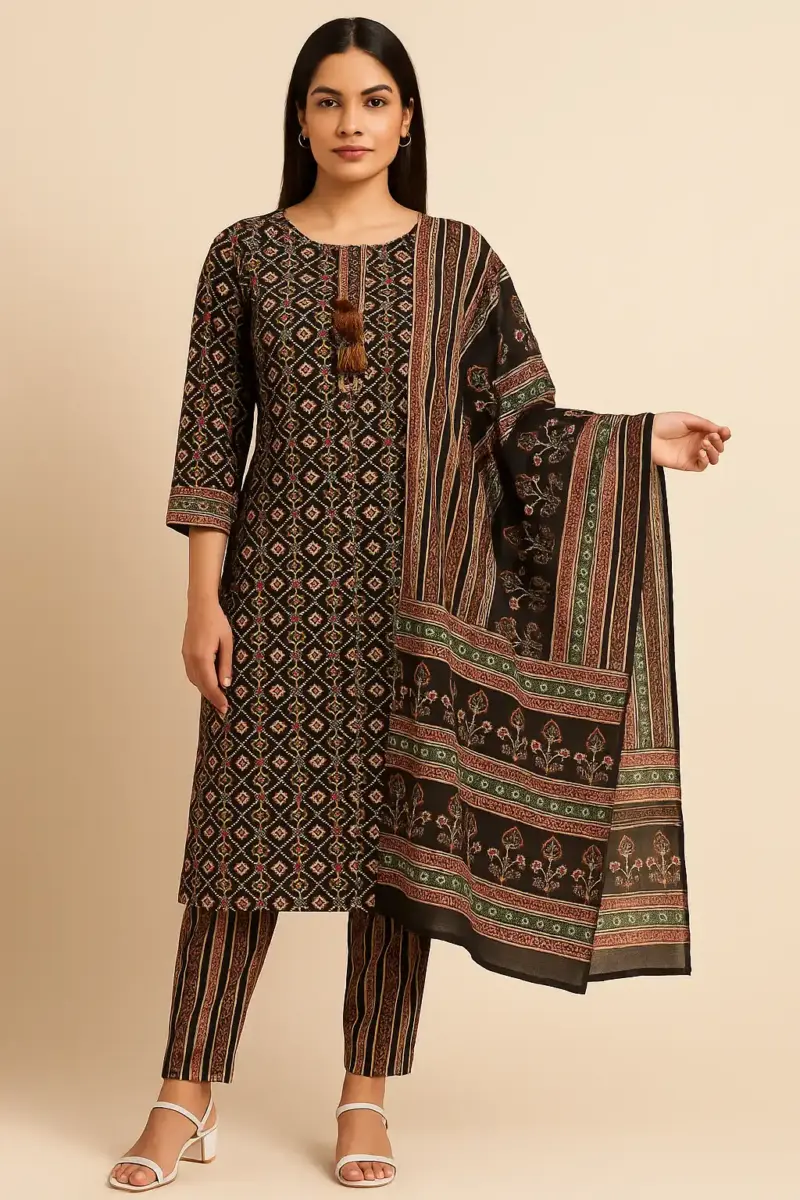 Ethnic motifs Printed cotton kurta set with cotton dupatta