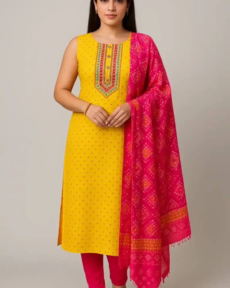 Cotton silk embroidered kurta set with bandhani dupatta