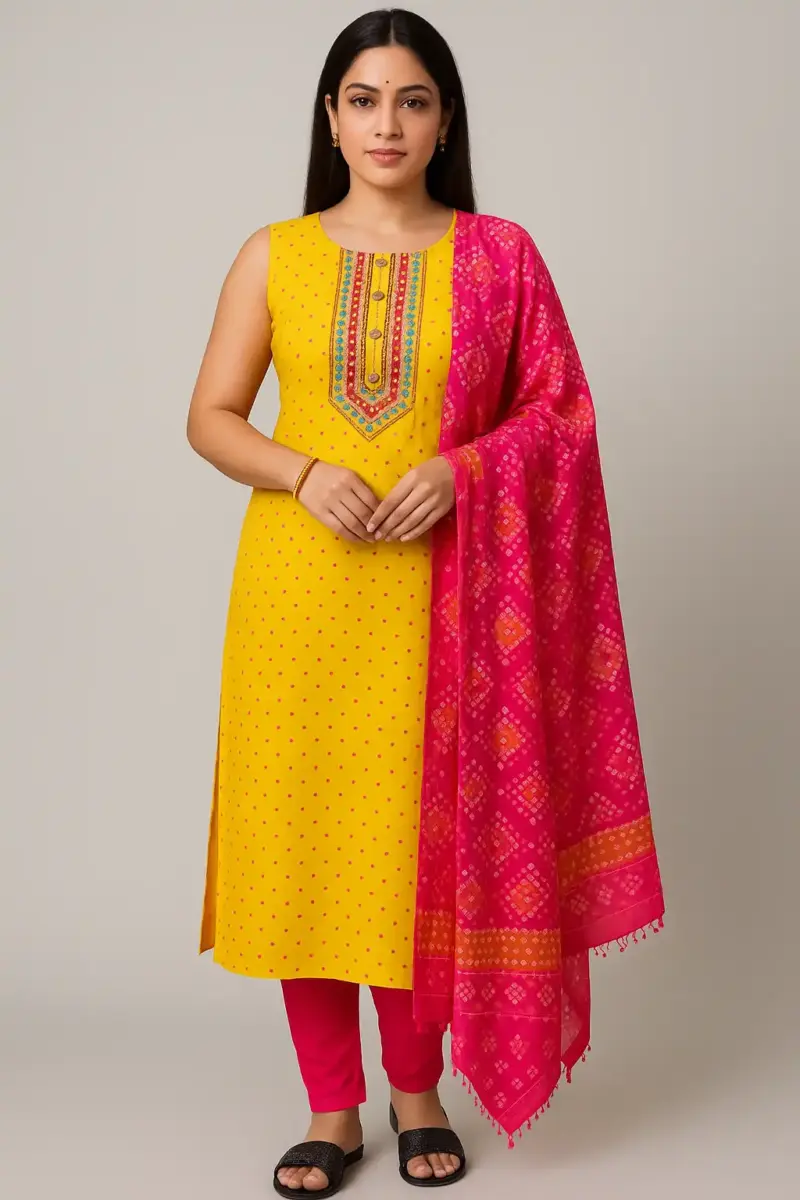 Cotton silk embroidered kurta set with bandhani dupatta