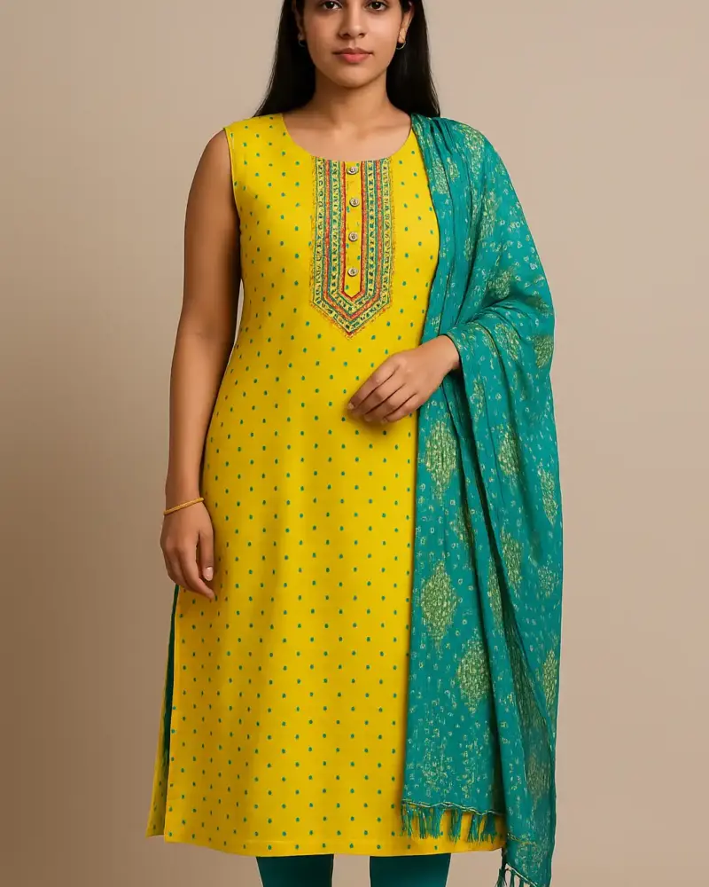 Cotton silk embroidered kurta set with bandhani dupatta