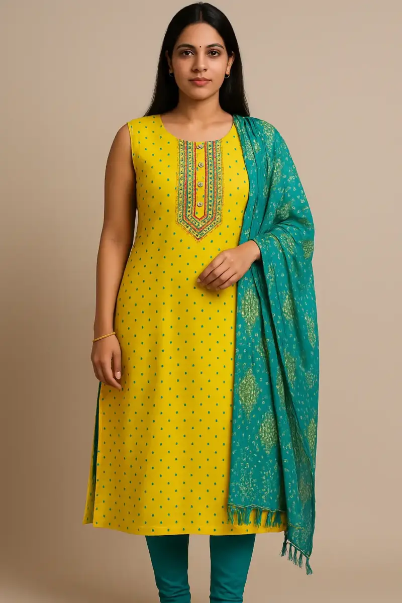 Cotton silk embroidered kurta set with bandhani dupatta