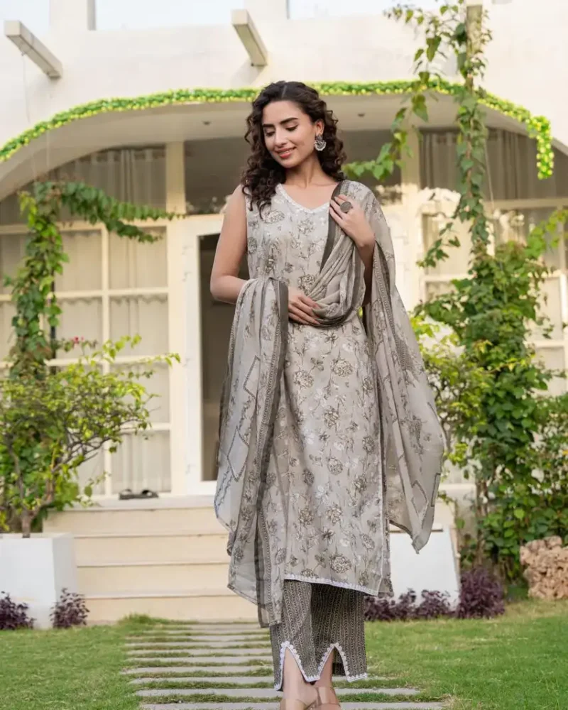 Clay colored floral printed sleeveless straight kurti with pant and dupatta