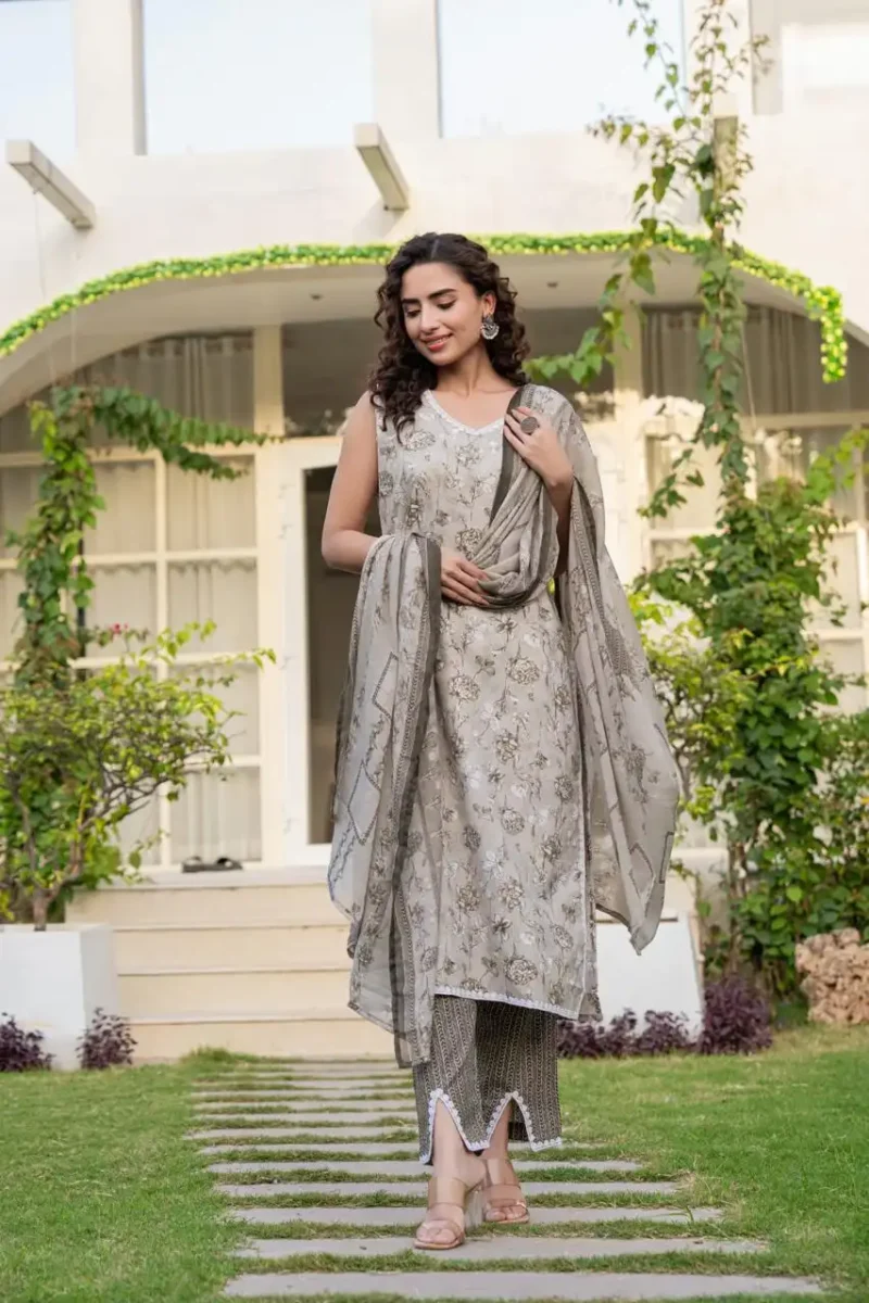 Clay colored floral printed sleeveless straight kurti with pant and dupatta