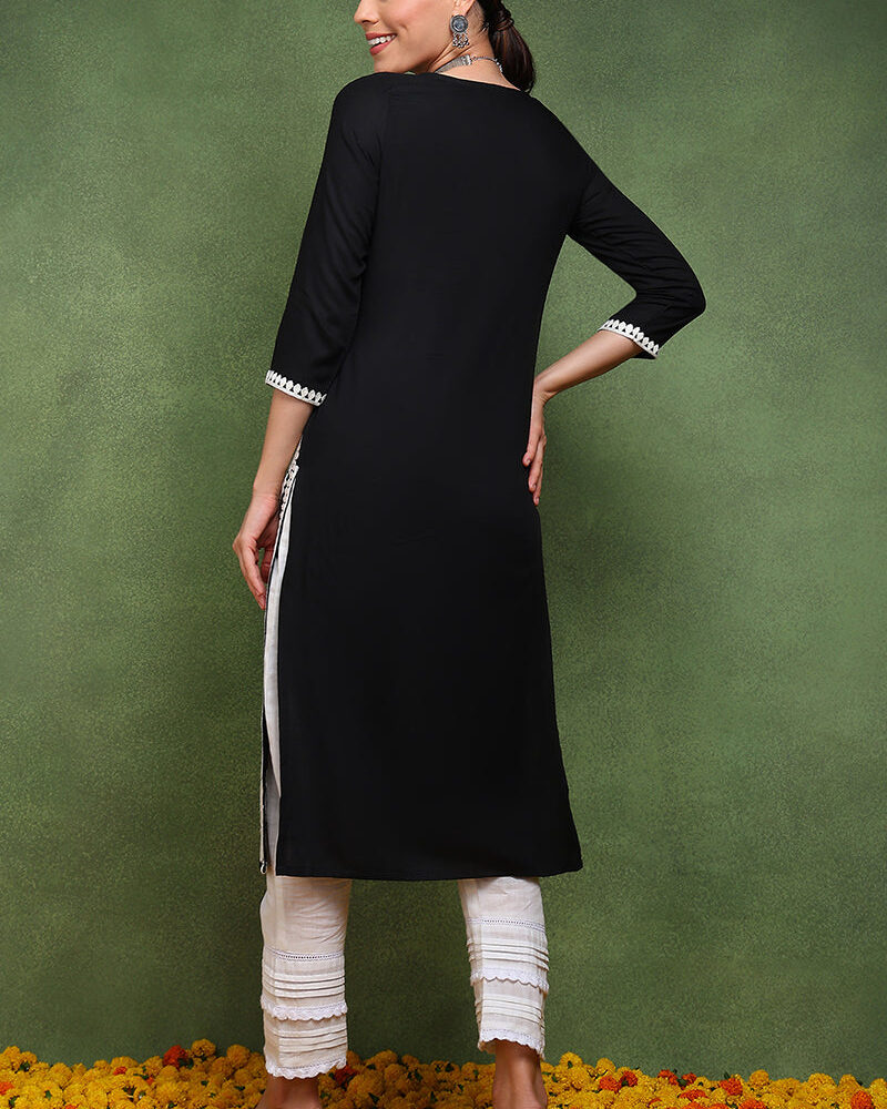 Black Viscose Rayon Solid Embroidered Straight Kurta