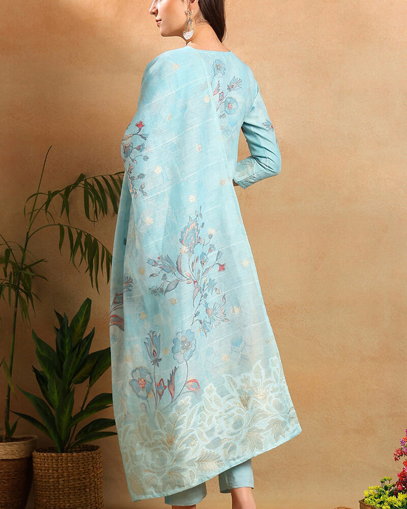 Blue Linen Blend Floral Woven Design Straight Trouser Suit Set