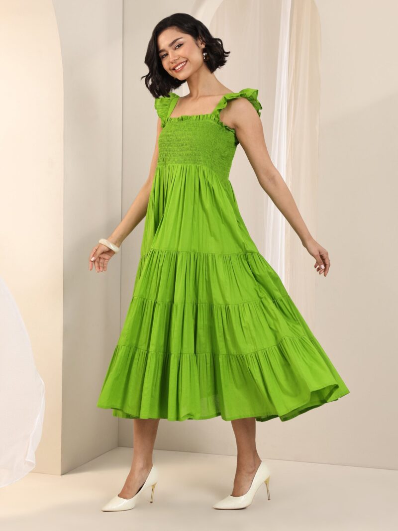 Green Solid Cotton Fit and Flare One Piece Dress - Image 7
