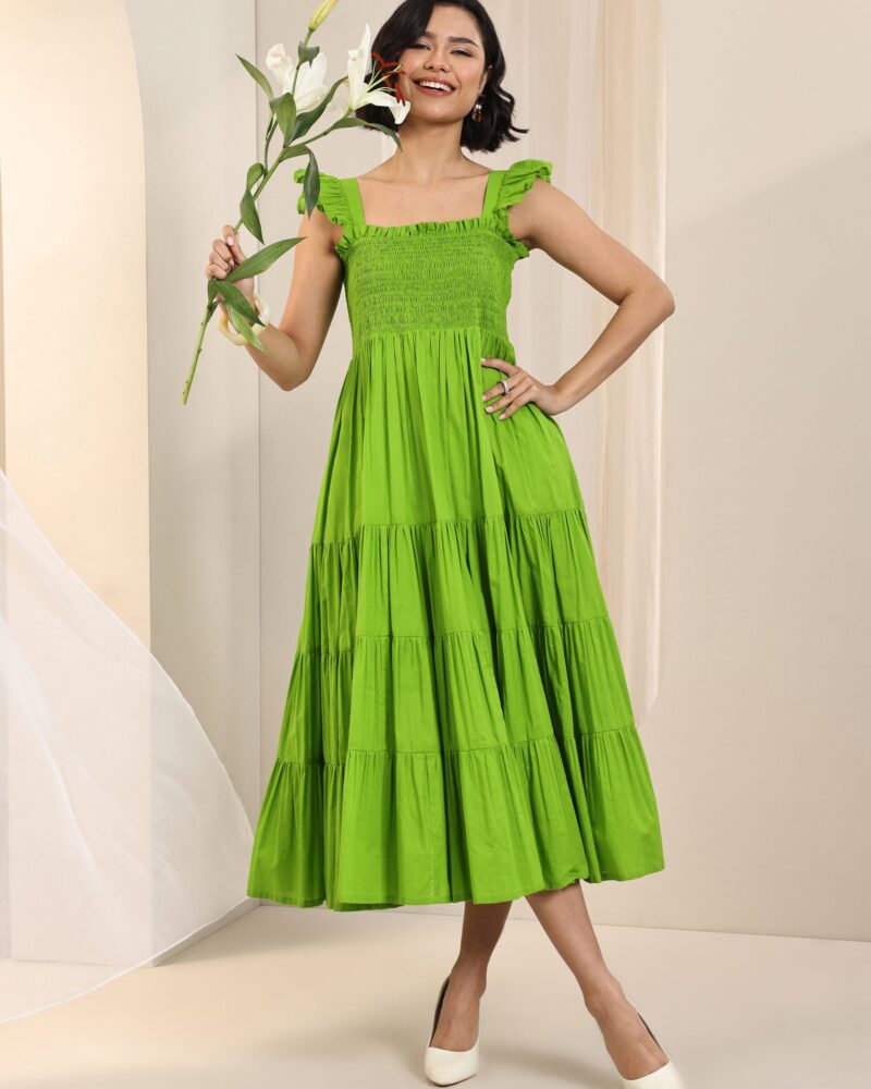 Green Solid Cotton Fit and Flare One Piece Dress