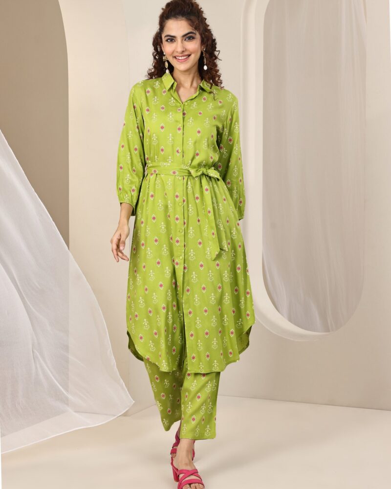 Green Printed Rayon Straight Kurta Set