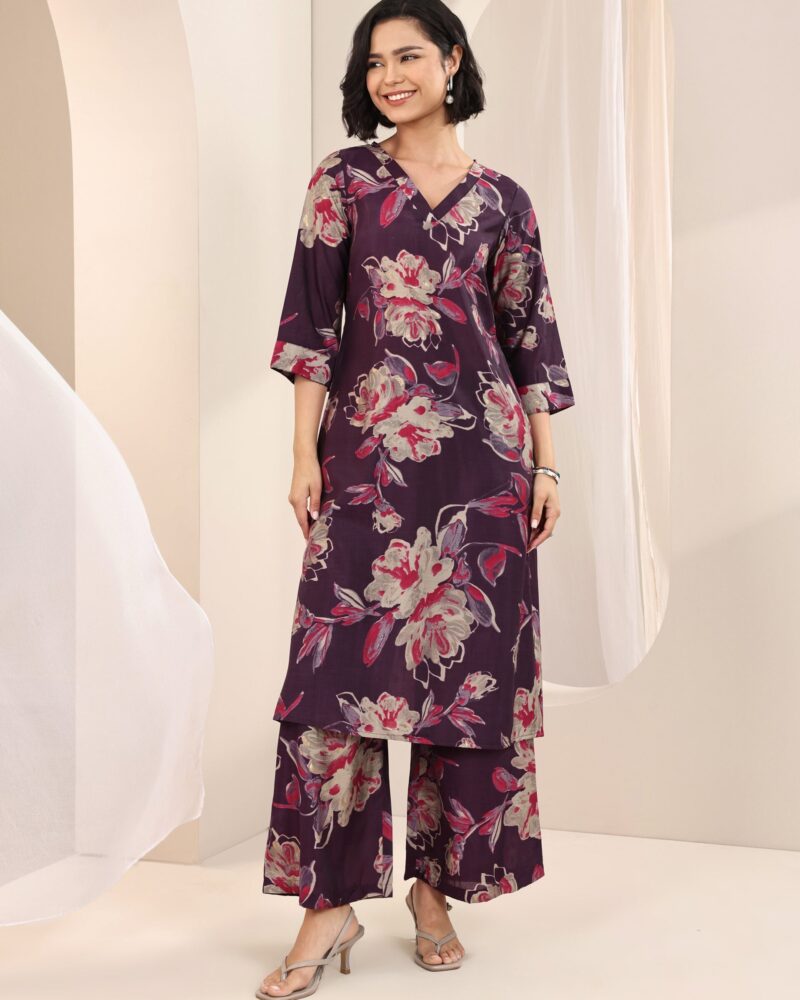 Burgundy Printed Silk Blend Straight Kurta Set