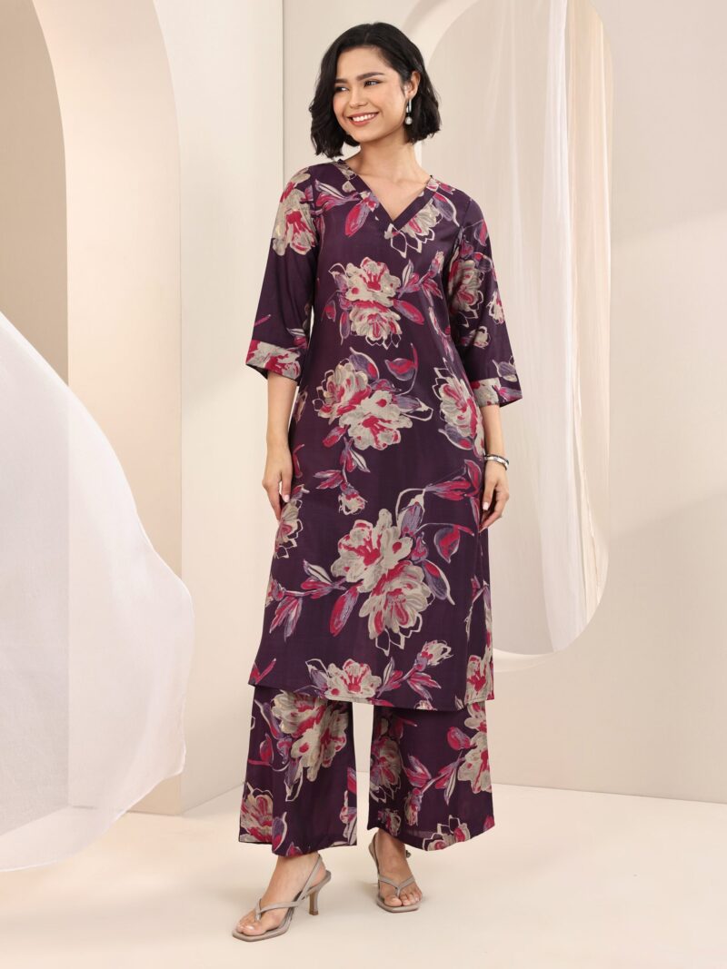 Burgundy Printed Silk Blend Straight Kurta Set