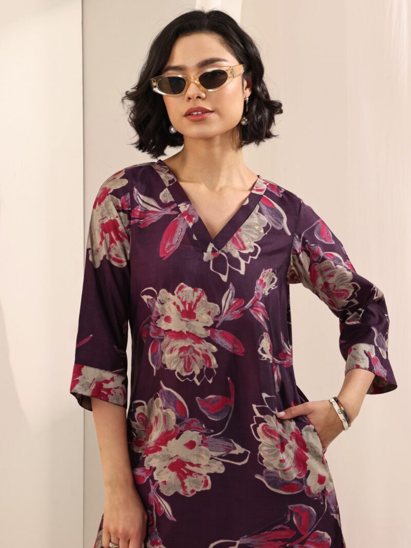 Burgundy Printed Silk Blend Straight Kurta Set - Image 8
