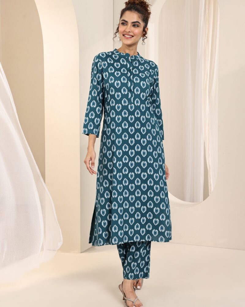 Teal Printed Rayon Straight Kurta Set
