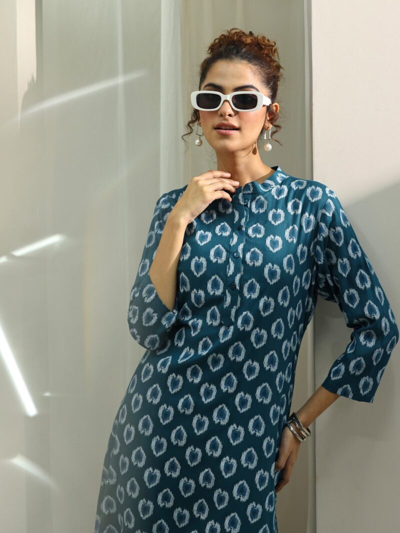 Teal Printed Rayon Straight Kurta Set - Image 7