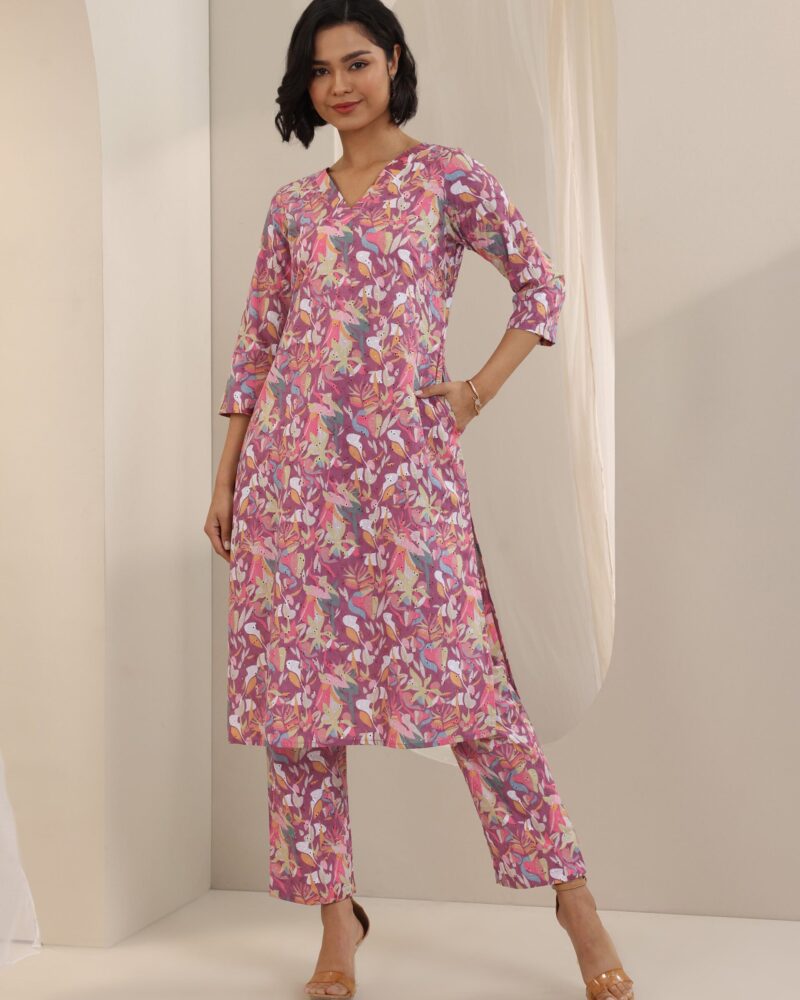 Mauve Printed Cotton Straight Kurta Set
