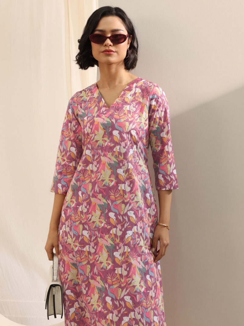 Mauve Printed Cotton Straight Kurta Set - Image 7