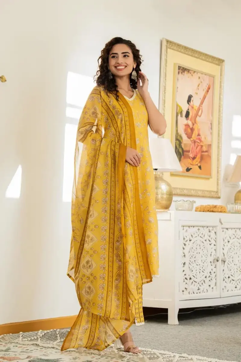 Yellow floral printed straight sleeveless kurti with pant and dupatta - Image 6