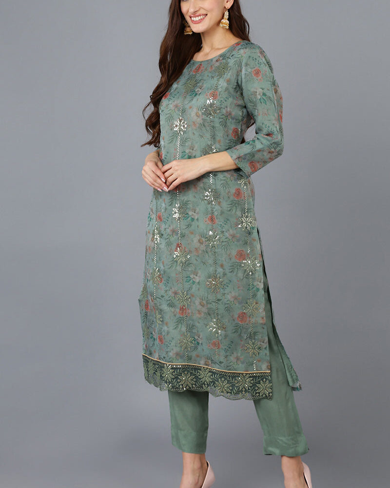 Green Organza Floral Straight Kurta Trousers With Dupatta