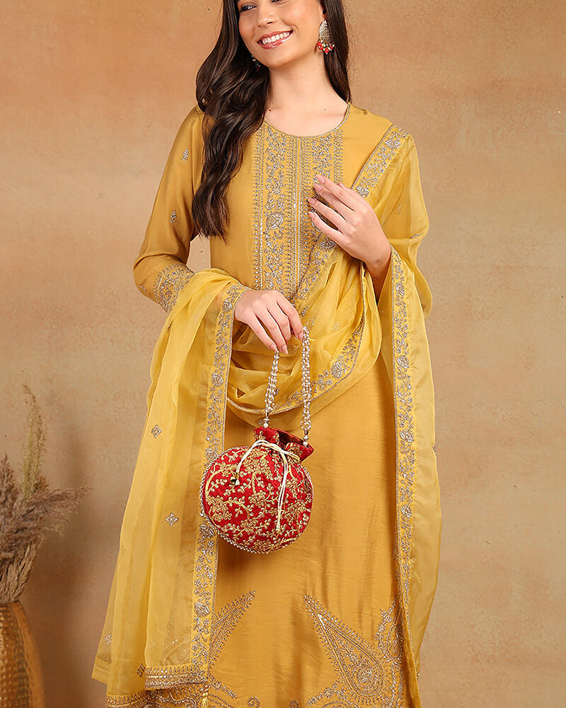 Golden Yellow Silk Blend Solid Embroidered Straight Trouser Bottom Suit Set