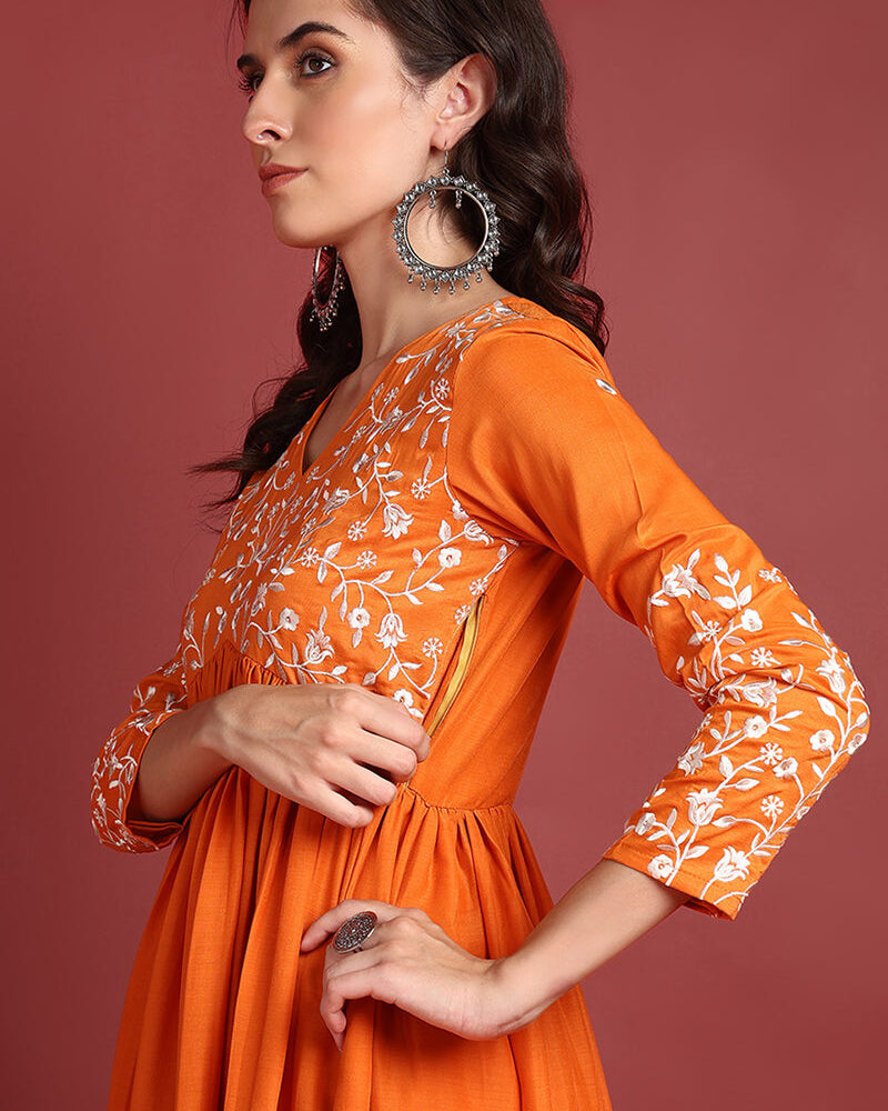 Orange Cotton Blend Solid Embroidered A-Line Suit Set