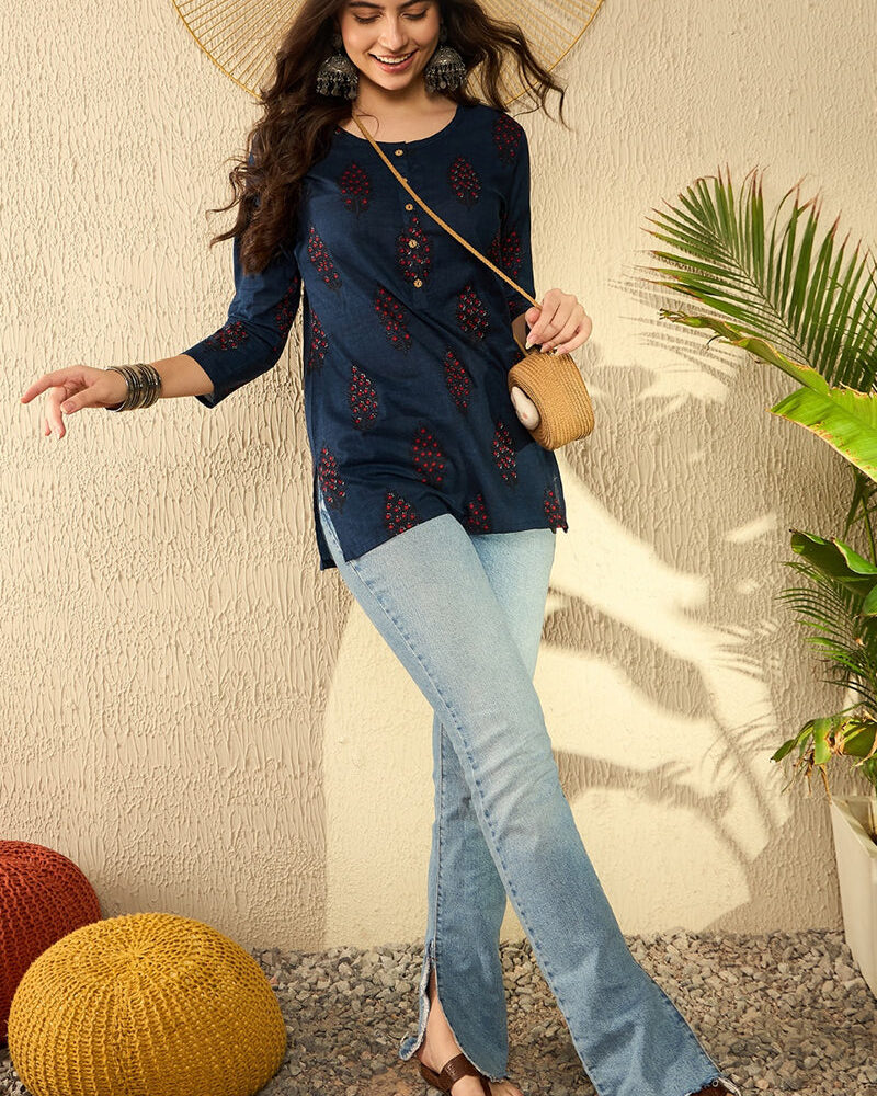 Navy Blue Cotton Blend Ethnic Motifs Printed Regular Tunic