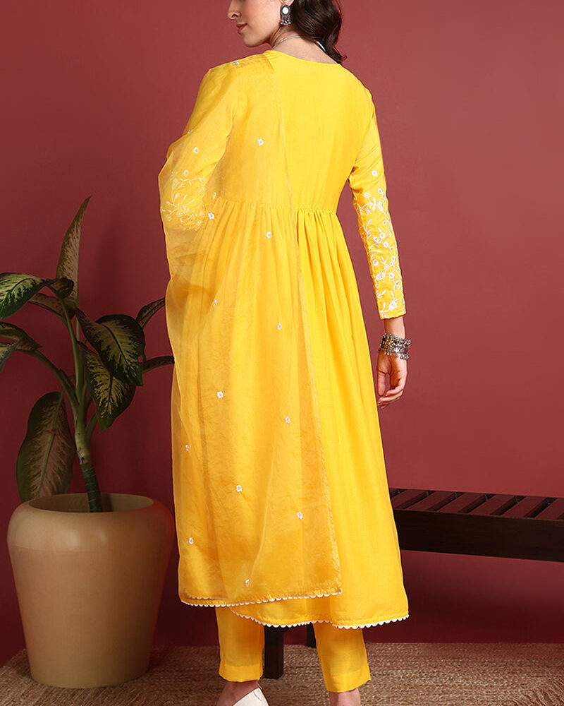 Yellow Cotton Blend Solid Embroidered A-Line Suit Set