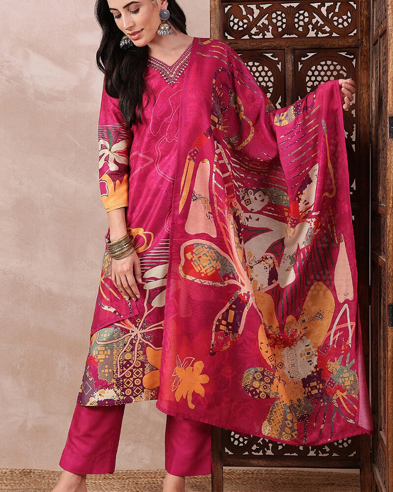Pink Rayon Blend Floral Printed Straight Trouser Bottom Suit Set