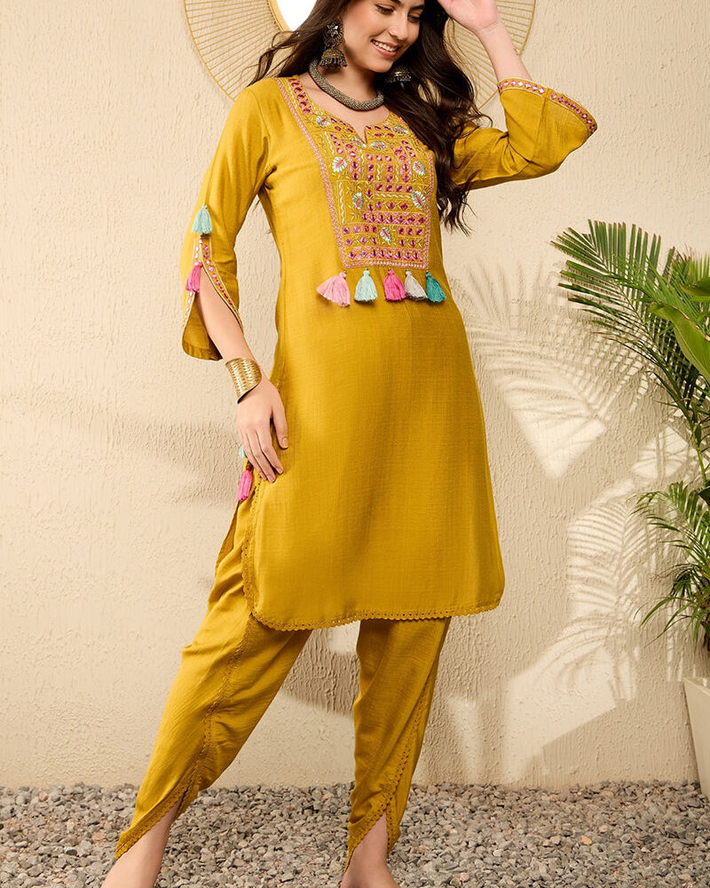 Mustard Yellow Embroidered Viscose Rayon Straight Dhoti Pant Bottom Kurta Set