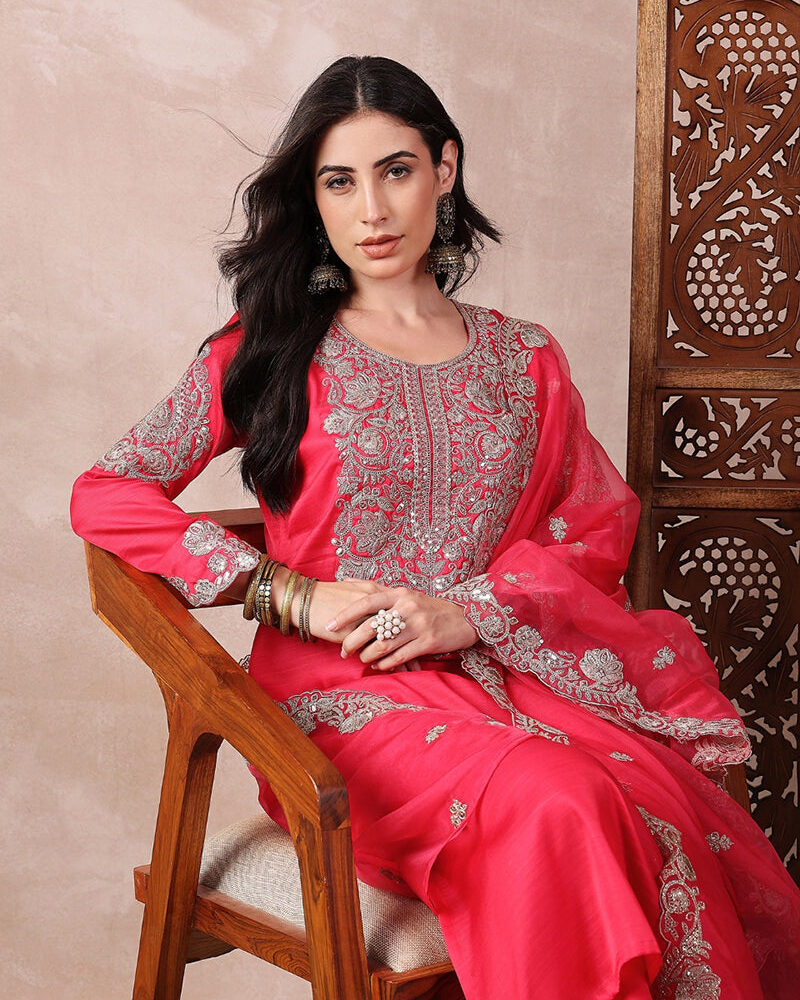 Pink Silk Blend Solid Embroidered Straight Palazzo Suit Set