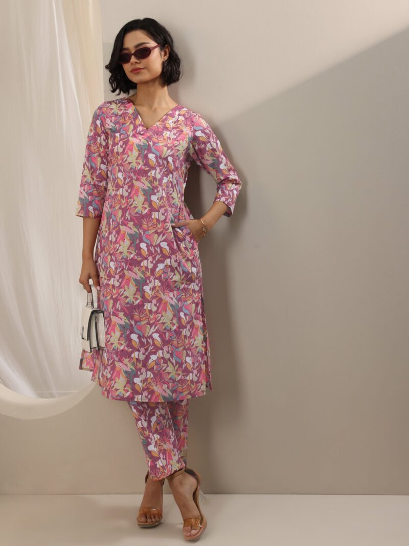 Mauve Printed Cotton Straight Kurta Set - Image 10
