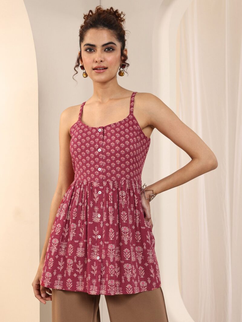 Red Printed Cotton Anarkali Short Kurti - Image 12