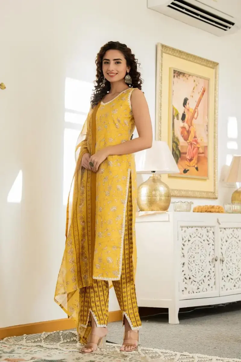 Yellow floral printed straight sleeveless kurti with pant and dupatta - Image 11