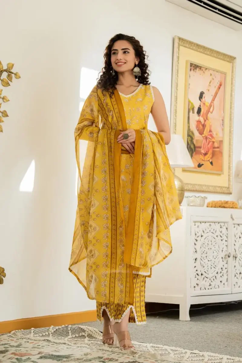 Yellow floral printed straight sleeveless kurti with pant and dupatta - Image 10