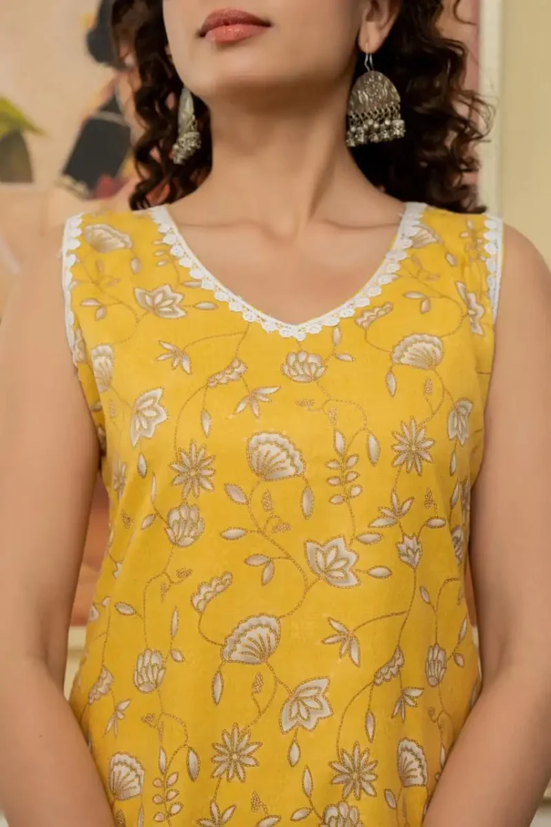 Yellow floral printed straight sleeveless kurti with pant and dupatta - Image 9