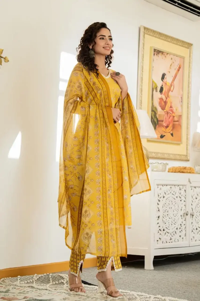 Yellow floral printed straight sleeveless kurti with pant and dupatta - Image 7